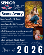 West Central High School Senior Spotlight for Reese Avery, Class of 2026. The graphic features a current photo of Reese crouching in autumn leaves and a circular inset of her as a baby. Text details her favorite class (Baking), a favorite memory of playin